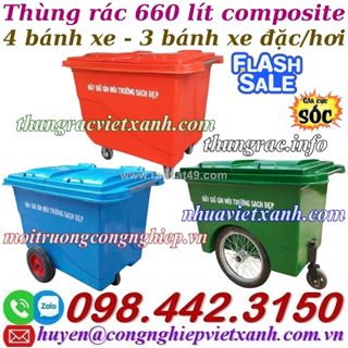 Thùng rác 660 lít nhựa composite 4 bánh xe và 3 bánh xe đặc/hơi