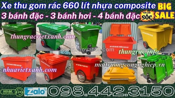 Thùng rác 660 lít nhựa composite 4 bánh xe và 3 bánh xe đặc/hơi