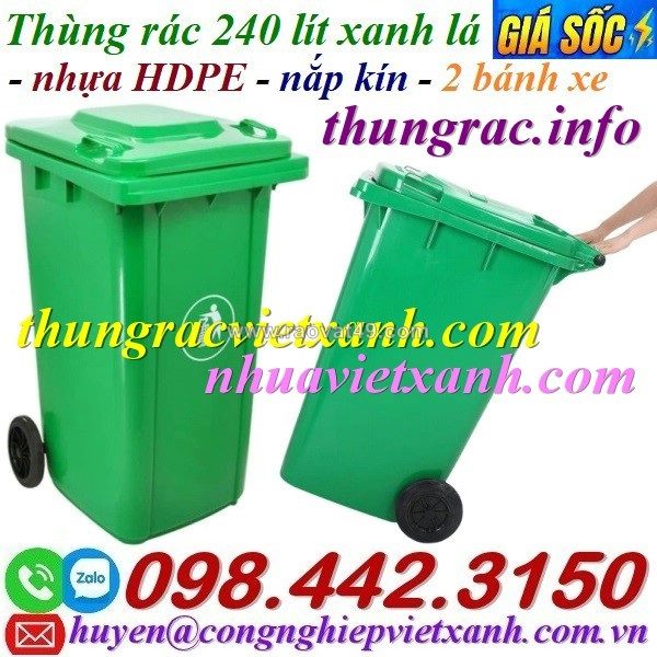 Thùng rác nhựa 240l nắp kín màu xanh lá
