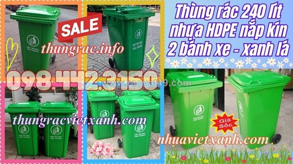 Thùng rác nhựa 240l nắp kín màu xanh lá