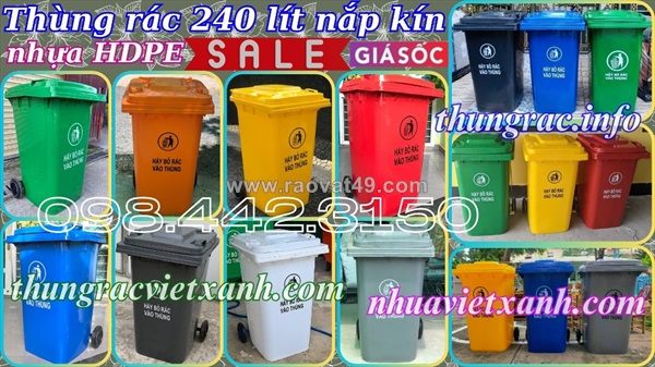Thùng rác nhựa 240l nắp kín nhiều màu sắc giúp phân loại rác thải