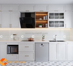 Tủ bếp gỗ công nghiệp chữ i phối màu trắng đẹp hiện đại
