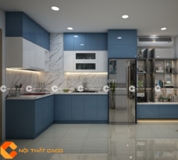 Tủ bếp gỗ công nghiệp mdf màu xanh phối trắng đẹp tiện nghi