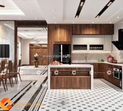 Tủ bếp gỗ tự nhiên sang trọng tiện nghi cho nhà phố