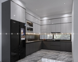 Tủ bếp mdf thiết kế chữ l hiện đại cho nhà phố