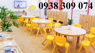 Bàn gỗ mầm non, ghế gỗ mầm non, bàn gỗ vòng cung bệt mầm non