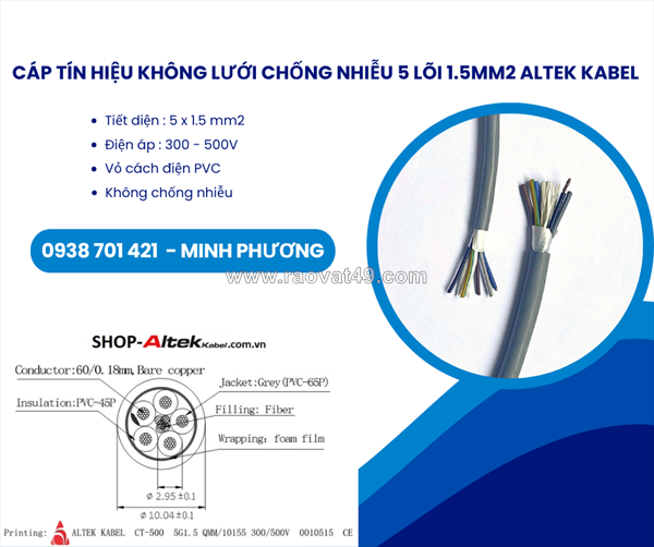 Cáp tín hiệu không lưới chống nhiễu 5 lõi 1.5mm2 altek kabel đà nẵng, huế, bình định