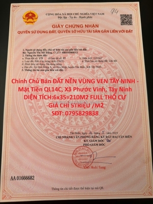 Chính chủ bán đất nền vùng ven tây ninh - mặt tiền ql14c, xã phước vinh, tây