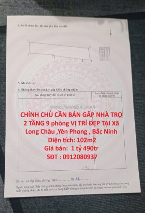 Chính chủ cần bán gấp nhà trọ 2 tầng 9 phòng vị trí đẹp tại xã long châu ,yên