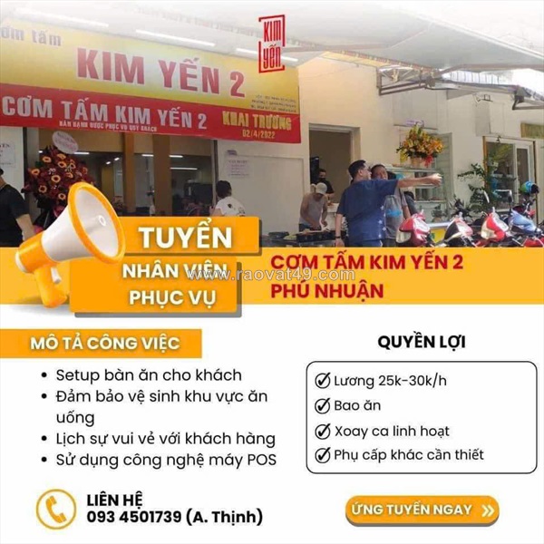 Cơm tấm kim yến 2 tuyển phục vụ làm theo ca tại phú nhuận