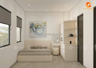 Combo phòng ngủ gỗ công nghiệp màu kem phối trắng hiện đại