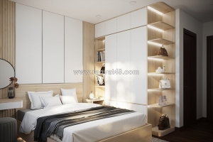 Combo phòng ngủ gỗ công nghiệp màu vàng phối trắng cao cấp