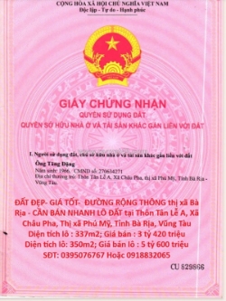 Đất đẹp- giá tốt-  đường rộng thông thị xã bà rịa - cần bán nhanh lô đất tại xã