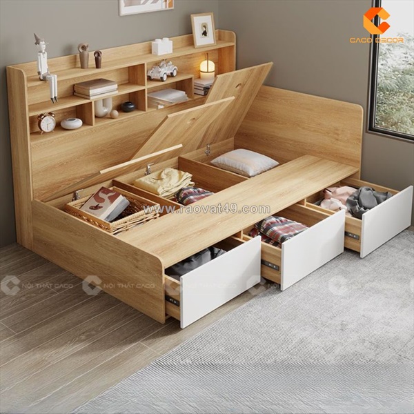 Giường ngủ gỗ công nghiệp tích hợp kệ đầu giường hiện đại
