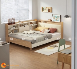Giường ngủ mdf melamine màu vân gỗ đầu giường bọc nệm