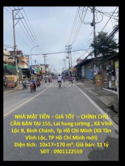 Nhà mặt tiền – giá tốt  – chính chủ cần bán tại 155, lại hùng cường , xã vĩnh
