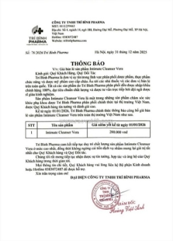 Thông báo áp dụng giá bán lẻ sản phẩm vera intimo năm 2026