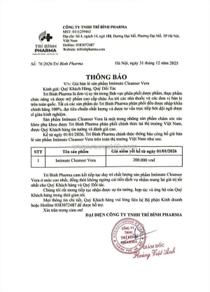 Thông báo áp dụng giá bán lẻ sản phẩm vera intimo năm 2026