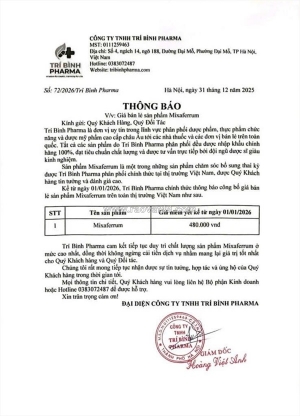 Thông báo giá bán chính thức sản phẩm mixaferrum năm 2026