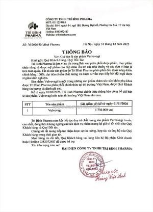 Thông báo niêm yết giá bán lẻ sản phẩm vulvovagi áp dụng năm 2026