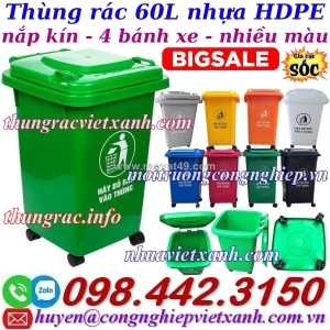 Thùng rác nhựa 60 lít nắp kín 4 bánh xe - nhiều màu phân loại rác