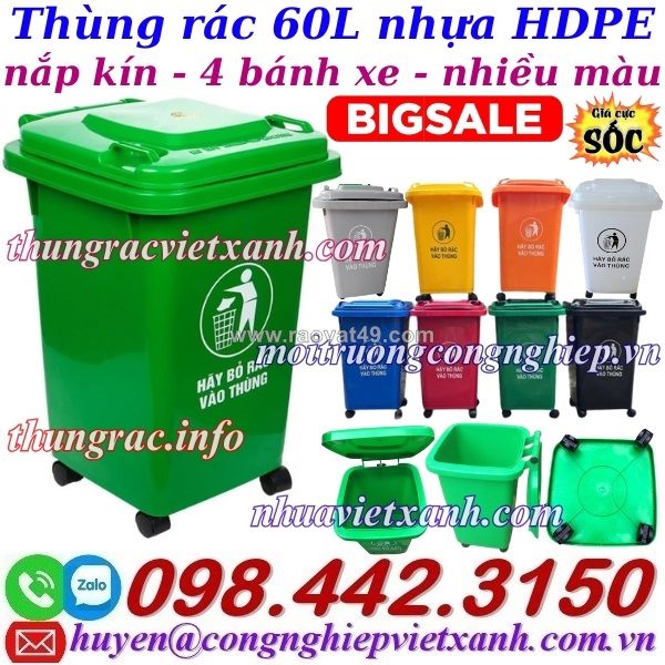 Thùng rác nhựa 60 lít nắp kín 4 bánh xe - nhiều màu phân loại rác