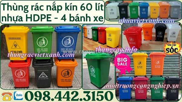 Thùng rác nhựa 60 lít nắp kín 4 bánh xe - nhiều màu phân loại rác