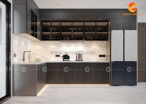 Tủ bếp gỗ công nghiệp chữ l phủ sơn đen ấn tượng