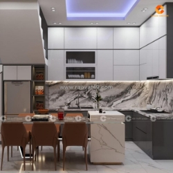 Tủ bếp gỗ công nghiệp chữ l trắng phối xám tinh tế