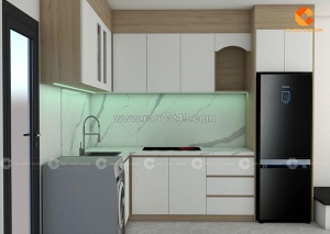 Tủ bếp gỗ công nghiệp mdf chữ l tích hợp bàn thờ ông táo