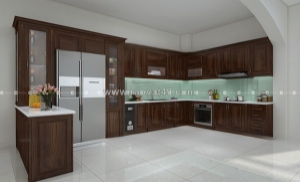 Tủ bếp gỗ sồi phủ sơn màu nâu trầm thiết kế chữ u tiện lợi