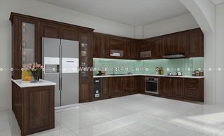 Tủ bếp gỗ sồi phủ sơn màu nâu trầm thiết kế chữ u tiện lợi