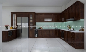 Tủ bếp gỗ sồi phủ sơn màu nâu trầm thiết kế chữ u tiện lợi