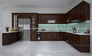 Tủ bếp gỗ sồi phủ sơn màu nâu trầm thiết kế chữ u tiện lợi