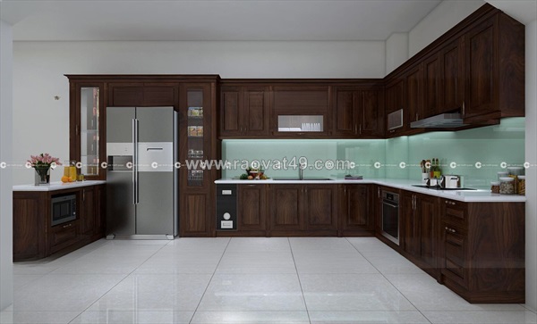Tủ bếp gỗ sồi phủ sơn màu nâu trầm thiết kế chữ u tiện lợi