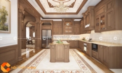 Tủ bếp gỗ sồi sơn óc chó màu nâu ấm kiểu hiện đại