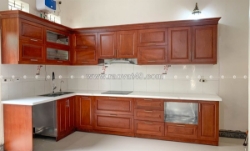 Tủ bếp gỗ xoan đào thiết kế chữ l tối giản hiện đại