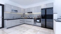 Tủ bếp nhựa picomat phủ acrylic bóng gương màu xám