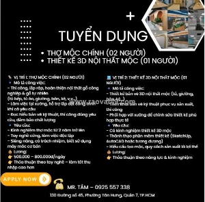 Tuyển 02 thợ mộc tay nghề cứng & 01 thiết kế 3d mộc