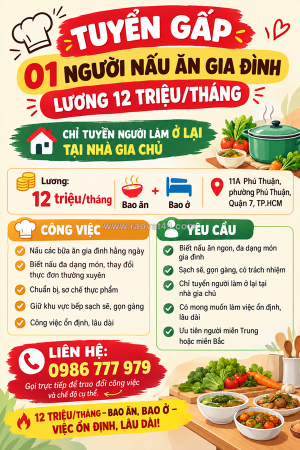 [bao ăn ở] 1 người nấu ăn gia đình quận 7 (miền trung hoặc miền bắc)