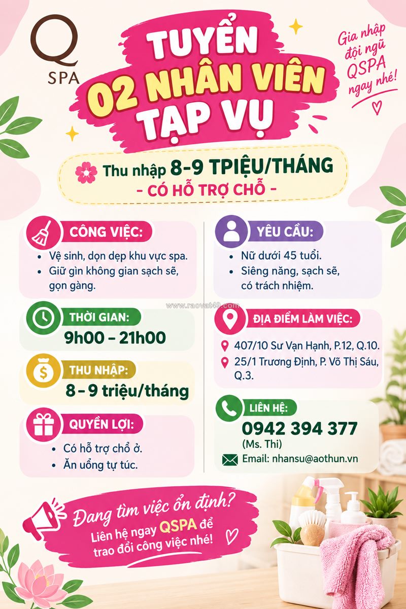 [bao ăn ở] 2 nhân viên tạp vụ quận 10
