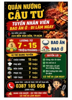 [bao ăn ở, làm ngay] nhân viên quán nướng quận 4