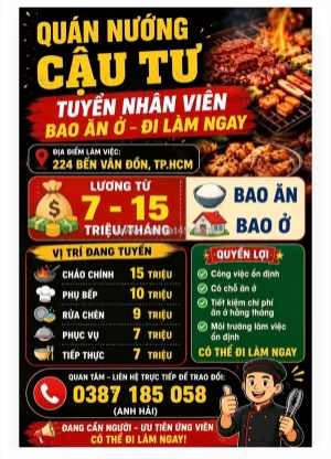 [bao ăn ở, làm ngay] nhân viên quán nướng quận 4