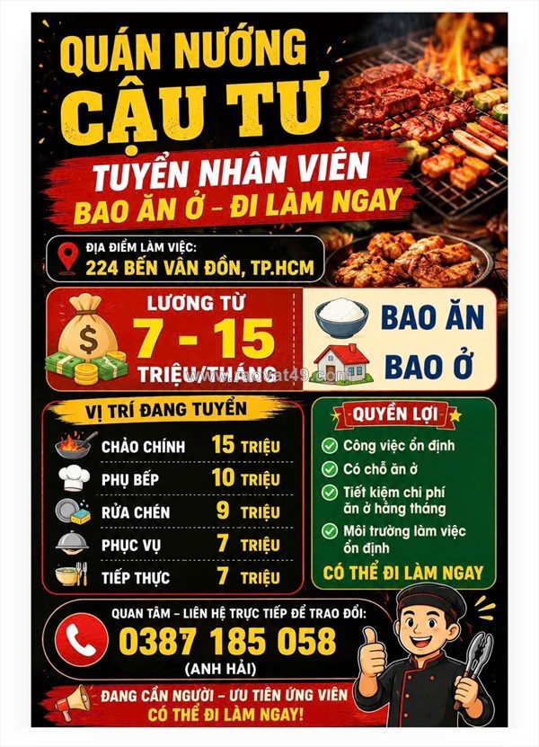 [bao ăn ở, làm ngay] nhân viên quán nướng quận 4