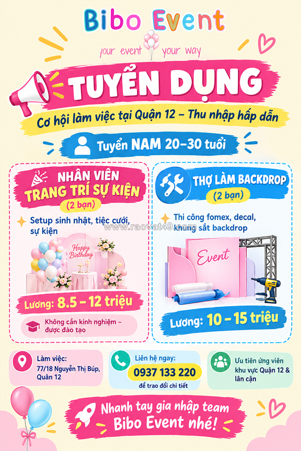 Bibo event tuyển nhân viên trang trí sự kiện và thợ làm backdrop
