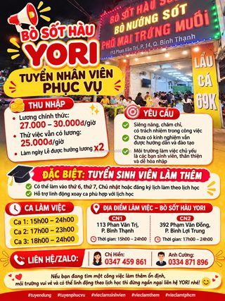 Bò sốt hàu yori tuyển nhân viên phục vụ bình thạnh