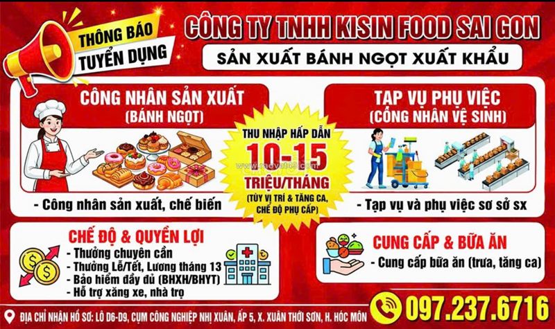 Cần 20 công nhân sản xuất & tạp vụ làm hóc môn