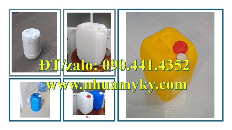 Can nhựa 25 lít đựng tinh dầu, can 20 lít đựng mực in, thùng nhựa 10 lít đựng dung dịch bôi trơn