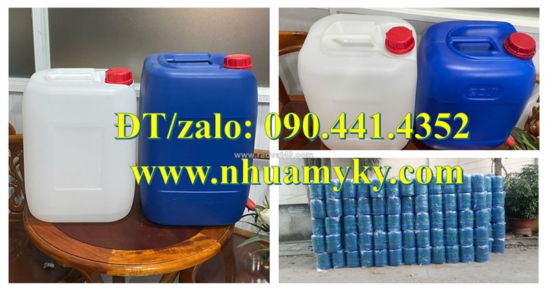 Can nhựa 25 lít đựng tinh dầu, can 20 lít đựng mực in, thùng nhựa 10 lít đựng dung dịch bôi trơn