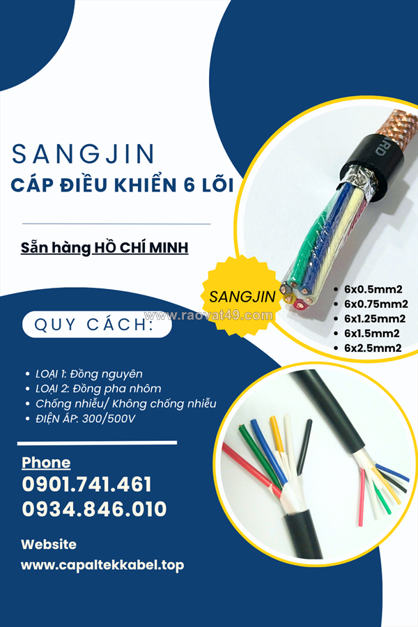 Cáp điều khiển sangjin 6x0.5/6x0.75/6x1.25/6x1.5/6x2.5 sẵn hcm